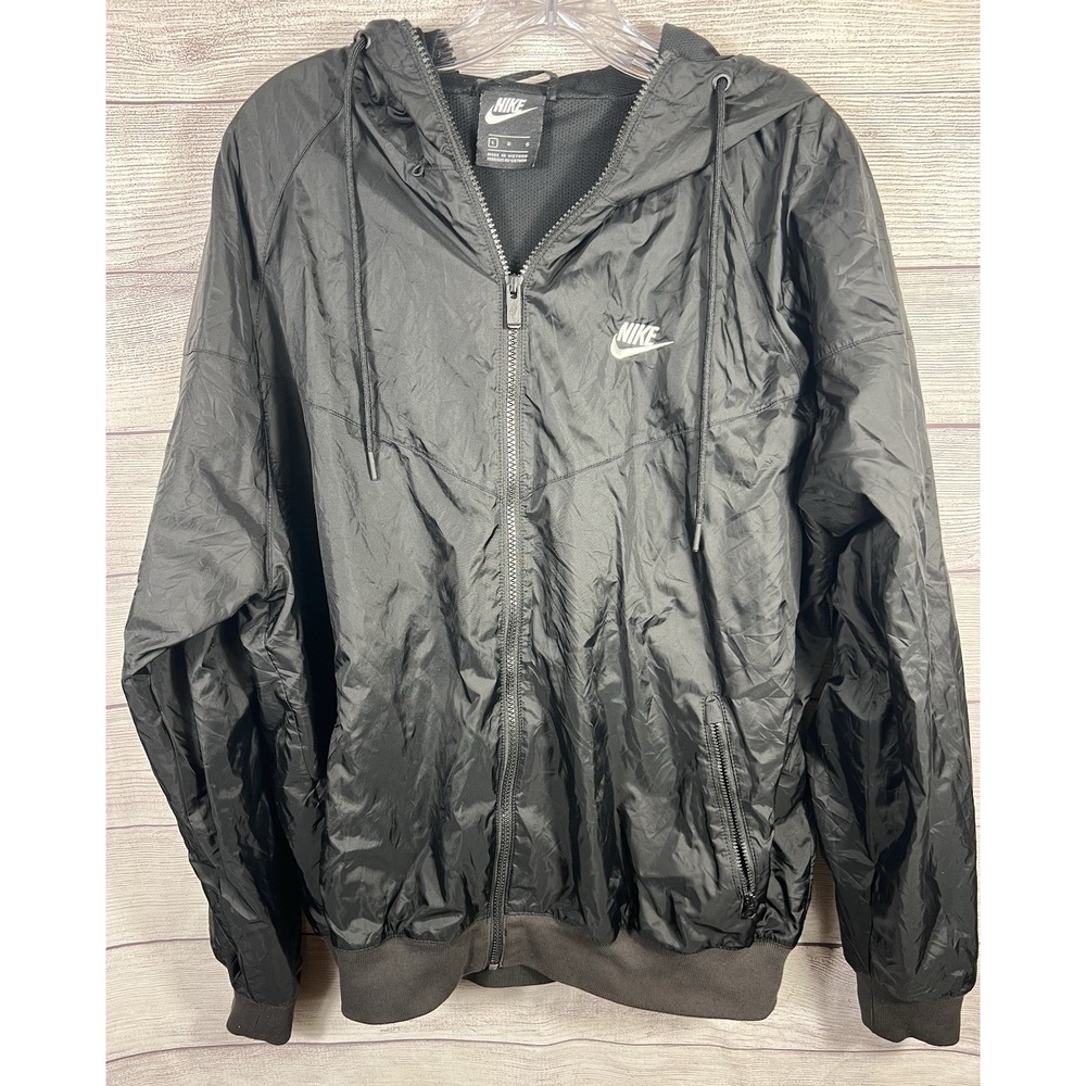 Nike Jacket Large Mens Triple Black Windrunner Full Zip Hood Windbreaker